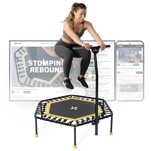 SportPlus Fitnesstrampolin SP-T-1100-Y - Ø 126 cm mit Haltefunktion - Trampolin für Indoor Jumping mit 5-fach höhenverstellbarem Haltegriff und Gummiseilen für ein sicheres Ganzkörpertraining. Ideal für Ausdauer, Koordination und Krafttraining.