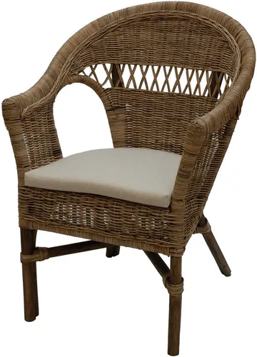 Stapelbarer Rattansessel im Landhaus Stil (Grau Natur, mit Polster) - Sessel im Landhausstil, geflochten aus Rattan mit abnehmbarem Sitzkissen für hohen Komfort. Ideal für Wohnzimmer oder Lounge, bietet Platz und Stil.
