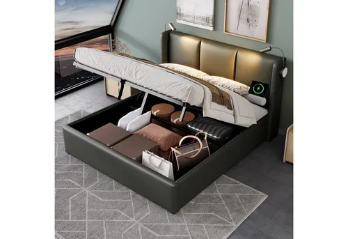 Stilvora Polsterbett Grau 140x200 cm mit Bettkasten - Kompaktes Polsterbett für effiziente Raumnutzung im Schlafzimmer. Integrierter Bettkasten bietet viel Stauraum für Decken und Kissen. Mit gepolstertem Kopfteil und USB-Anschluss für modernes Wohnen.