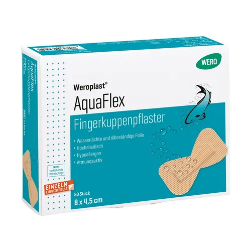 Wero Pflaster AquaFlex Fingerkuppe - 50 wasserdichte Strips - Pflaster für Fingerkuppen, latexfrei und sensitiv. Ideal für Allergiker, elastisch und atmungsaktiv – passt sich perfekt an jede Bewegung an.