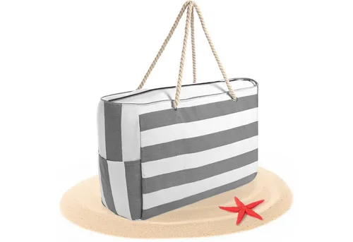 BigDean Strandtasche Badetasche XXL grau weiß große Saunatasche mit Reißverschluss (Packung, 1-tlg., Badetasche), Waschbar, 30°c