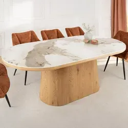Riess-Ambiente Esstisch UNIQUE 200cm – Ovaler Keramiktisch für 8 Personen - Esstisch aus pflegeleichter Keramik in elegantem Weiß mit einem stabilen Walnuss-Säulenfuß. Ideal für gesellige Runden und modernes Wohnen.