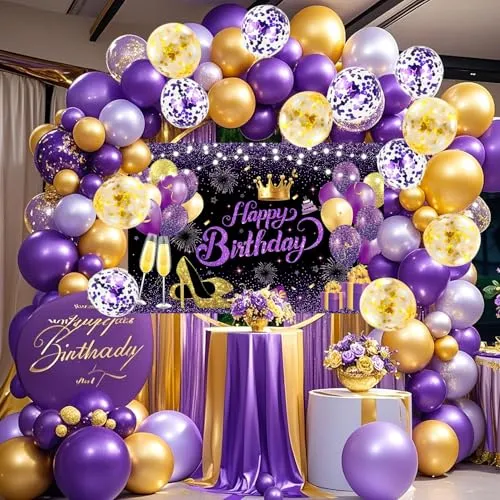 YinQin 63 Stück Lila Golden Geburtstags Ballons Dekorationen für Frauen