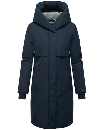 Navahoo Damen Langer Mantel Domingaa 14 Navy Gr. M - Modischer Wintermantel mit Kapuze und praktischen magnetischen Knöpfen. Wasserabweisendes Material und weiches Fleece sorgen für hohen Tragekomfort. Ideal für kalte Tage – perfekt kombinierbar mit Boots und Jeans.