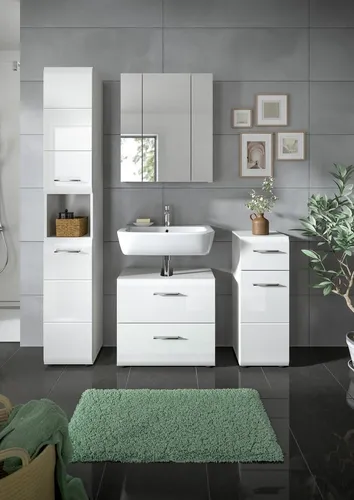 Badezimmer-Set >Ice< in Weiß Hochglanz - 150x185x30cm - Elegante 4-teilige Badkombination mit Hochschrank, Waschbeckenunterschrank, Spiegelschrank und Standschrank. Optimaler Stauraum und zeitgemäßer Look für Ihr Badezimmer!