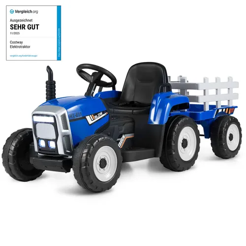 COSTWAY 12V 3-Gang 3-8KM/H Kinder Elektroauto Traktor mit abnehmbarem Anhänger, 2,4-GHz-Fernbedienung, LED Lichtern, Musik&USB, für Kinder 3+ Blau