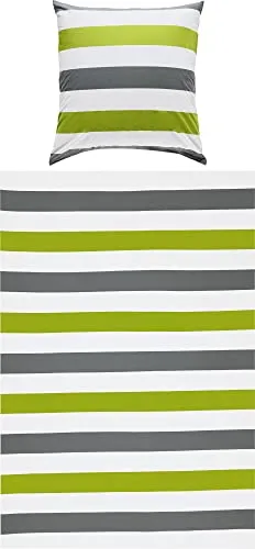 REDBEST Renforcé Bettwäsche-Set grün-grau-weiß Größe 80x80 cm / 135x200 cm - mit Reißverschluss - atmungsaktiv, strapazierstark - weitere Farben