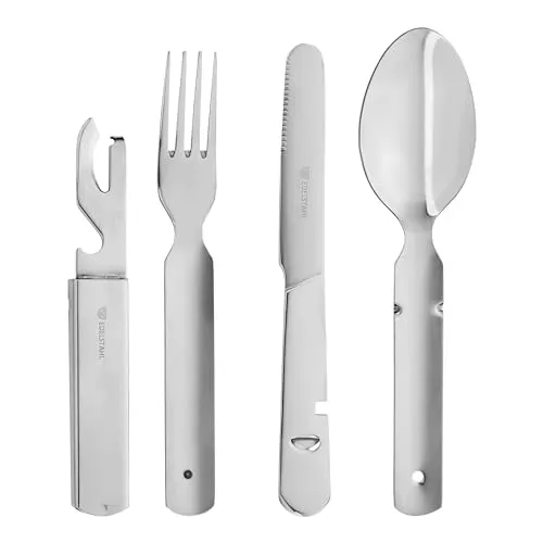 GRÄWE Campingbesteck 4-teilig, Bundeswehrbesteck, Besteckset aus Edelstahl, Outdoor Besteck Set, zusammensteckbar, mit Flaschenöffner, Dosenöffner und Brotmesser