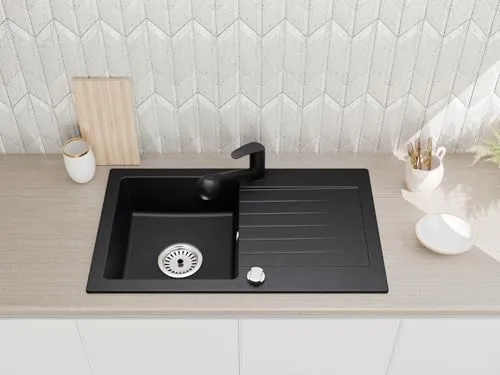 Faizee Granitspüle 75 x 44 cm Schwarz Gesprenkelt – inklusive Armatur Daga in Schwarz – eckige Einbauspüle aus Granit – beidseitig montierbar, kratzfest, hitzebeständig – modernes Spülbecken