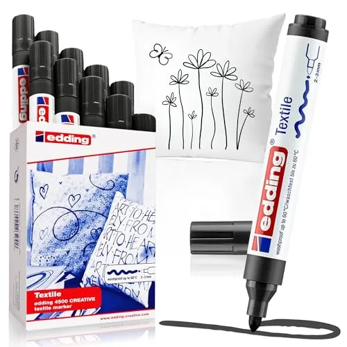 Edding 4500 Textilmarker - Schwarz - 10 Stück - Schreibutensilien für waschfeste Textilgestaltungen bis 60 °C, ideal für kreative Projekte auf Baumwolle und Seide.