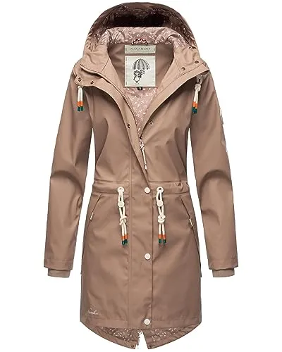 Navahoo Damen Übergangsjacke Tropical Stormoo - Wasserdichter Regenmantel mit Kapuze - Funktionsjacke für nasskalte Tage, wasser- und winddicht mit stylischem Schwalbenschwanzschnitt und zahlreichen praktischen Taschen.