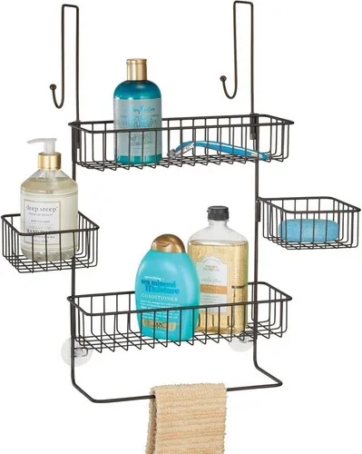 mDesign Badaccessoire-Set Duschablage Tür 4 Körbe bronze mit Saugnäpfen 2 Haken Duschregal Bad