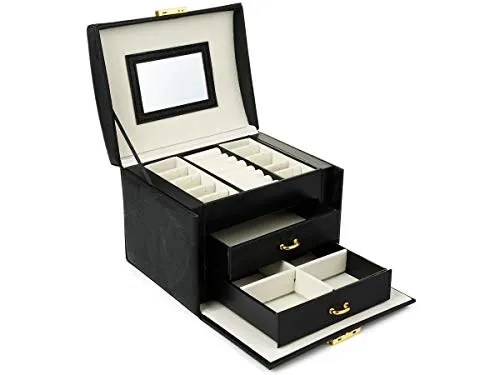 Bingo-Shop Schmuckkasten Schmuckkästchen mit 2 Schubladen abschließbarer Schmuck-Organizer mit Spiegel für Ringe, Armbänder, Ohrringe, Samtfutter Kosmetikkoffer Aufbewahrungsbox Schwarz