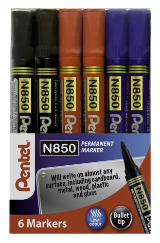 Pentel N850 Permanent Marker Bullet Tip Pack of 6 Assorted YN850/6-M
