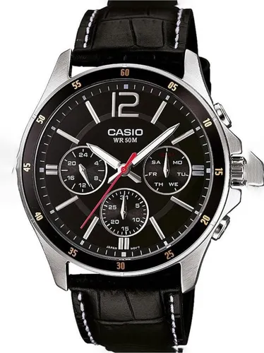 Casio Enticer Analog Quarz MTP-1374L-1AV Herrenuhr - Armbanduhren für Herren, elegante Quarz-Uhr mit schwarzem Lederarmband, 50 m wasserdicht und mit Mineralglas für optimalen Schutz.