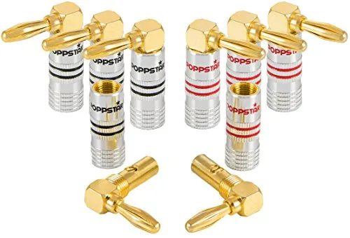 Poppstar 8x High End Bananenstecker gewinkelt (bis 6 mm², 24k vergoldete Kontakte, 4x schwarz, 4x rot)