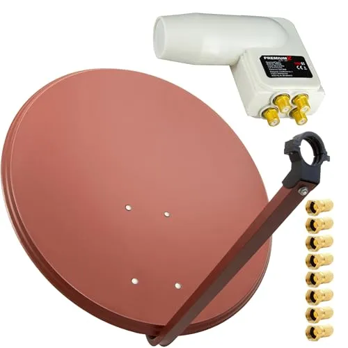 Premium X Satelliten-Komplettanlage 80cm - SAT-Antenne mit 80 cm Stahlspiegel in Ziegelrot, wetterfest und ideal für 4 Teilnehmer. Hochwertiger Quad LNB für erstklassigen Empfang von 4K Ultra HD und mehr.