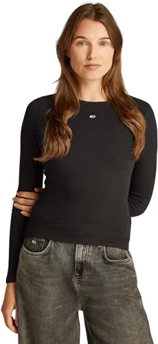 Tommy Jeans Damen Langarmshirt Slim Fit Essential, Schwarz - Blusen & Tuniken für Damen: Bequemes Slim Fit Langarmshirt aus 95% Baumwolle, ideal für lässige Freizeitlooks und vielseitig kombinierbar.