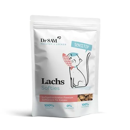 Dr. SAM Premium Snacks für Katzen - Lachs Softies als gesunde Leckerlis für gesunde Haut & glänzendes Fell - geräucherte Lachsstreifen mit Omega-3-Fettsäuren für gute Verdauung - treat for cats - 100g