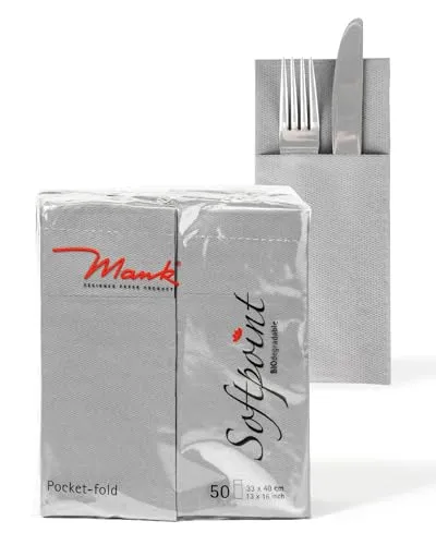 Mank Besteckservietten aus Softpoint, Pub Servietten Tasche Besteck Bestecktaschen, 40x33 cm 1/8 Falz, mit Besteckschlitz für Gastronomie und Feiern, 50 Stück | (Grau)