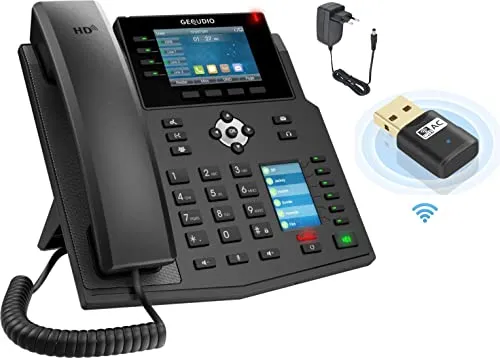 GEQUDIO IP Telefon GX5+ mit Freisprechen & 2 Farbdisplays - Festnetztelefon mit Anleitung (PDF) für FritzBox, Sipgate & Telekom, ideal für flexibles Arbeiten mit WLAN und Netzteil.