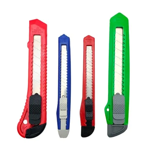 Set mit 4 professionellen Auto-Lock Cuttermessern – 2 Cuttermesser 18 mm + 2 Cutter 9 mm mit rutschfestem Griff für Karton, Basteln, Hobby, Büro, Zuhause und Heimwerker