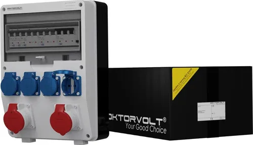 Baustromverteiler Doktorvolt 6565 - 2x16A 4x230V - Sonstige Elektroinstallationsartikel mit robustem Gehäuse, ideal für Baustellen und Werkstätten. Ausgestattet mit 2x 400V und 4x 230V Mennekes Steckdosen, sorgt für sichere Stromversorgung.