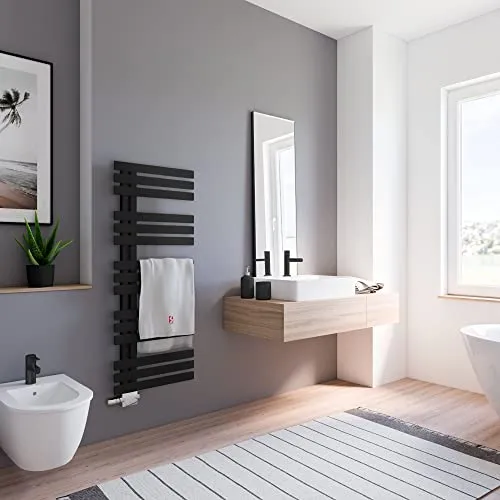 Schulte Badheizkörper Emma 123x50 cm - Mattschwarz, 496 Watt, Handtuchwärmer - Stylischer Badheizkörper mit 15 Lamellen, platzsparend und ideal für Badezimmer. Mit 3 Jahren Garantie auf die Oberflächenlackierung, für effiziente Wärme und angenehmen Komfort.