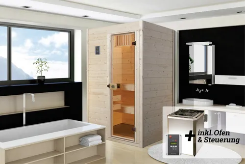 Weka Sauna VALIDA 4,5 kW BioS mit Glastür - Sauna mit 4,5 kW BioS-Heizsystem, ideal für entspannende Wellnessmomente in Ihrem Zuhause.