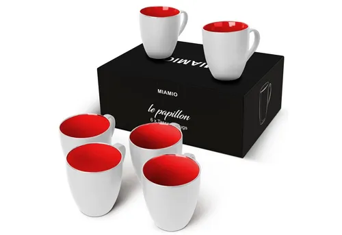 MiaMio Tasse Set 6 x 350 ml – Kaffeetassen in Weiß und Rot - Tassen Set aus 6 hochwertigen Keramiktassen, matt-weiß außen und glänzend rot innen. Ideal für den täglichen Gebrauch, mikrowellen- und spülmaschinenfest.