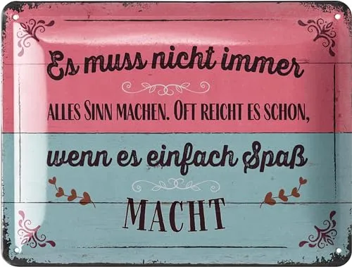 Produktbild LANOLU Retro Blechschild 'es muss nicht immer alles Sinn machen', vintage Metallschilder mit Sprüchen, Shabby Chic Deko Küche und Garten, lustige Schilder aus Metall 15x20cm