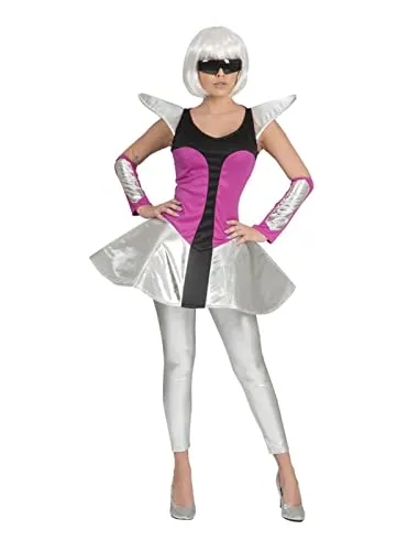 Funny Fashion Damen Kostüm Space Travel Kleid - Silber Pink mit Armstulpen, futuristische Sternen Kriegerin für Karneval und Mottopartys