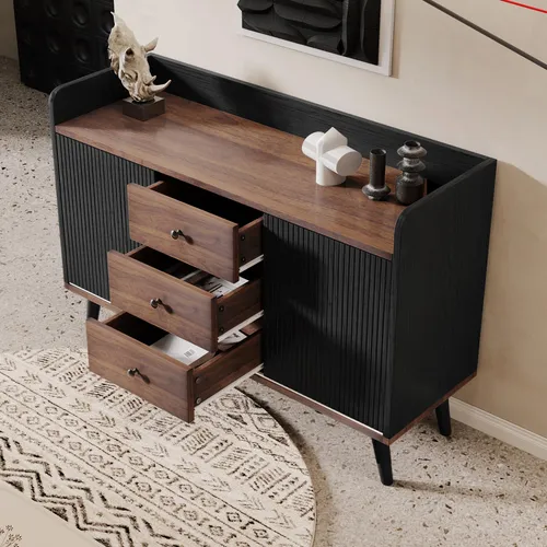 MODFU 117.5 cm×40cm×80cm Sideboard Schwarz mit drei Schubladen,Buffetschrank mit Stauraumregalen,Schrank mit Erhöhter Rand und Gestreifte Schiebetüren