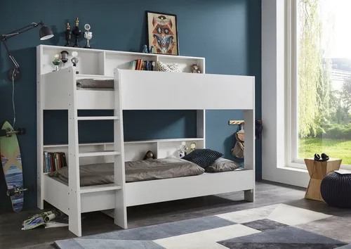Boxxx Etagenbett in Weiß, 90x200 cm - Kinderzimmermöbel mit zwei Liegeflächen und praktischen Regalfächern für Ordnung. Ideal für kleine Räume und schafft ein freundliches Ambiente.