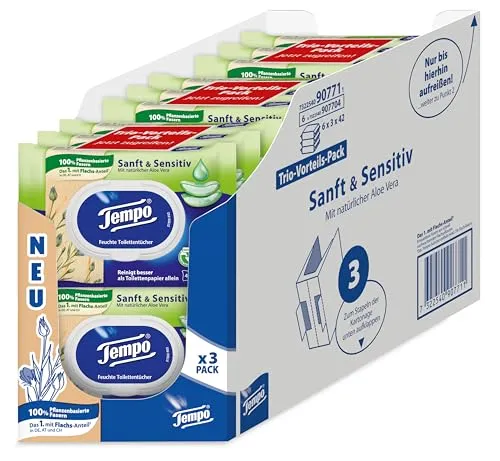 Tempo Toilettenpapier feucht, sanft und sensitiv Trio-Pack - Toilettenpapiere, 100% pflanzenbasierte Fasern, sicher herunterspülbar und schneller auflösbar. Ideal für sanfte Reinigung und umweltbewusste Nutzung.