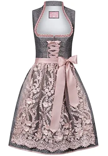 Stockerpoint Damen Marietta Midi Dirndl in Altrosa, Größe 42 - Elegantes Dirndl für Damen in Altrosa mit trendigem Jacquard Muster und Spitzenschürze. Exklusiver Schalkragen und edle Verarbeitung machen es zum perfekten Schmuckstück für besondere Anlässe.