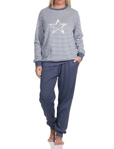 Normann Pyjama Kuscheliger Damen Schlafanzug lang mit Bündchen und Sternenmotiv