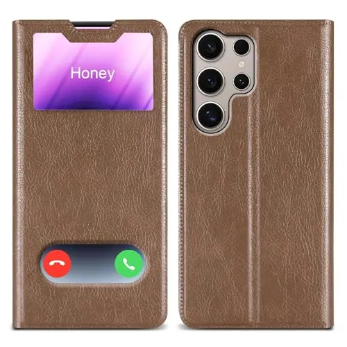 Cadorabo Hülle kompatibel mit Samsung Galaxy S24 Ultra in Stein BRAUN - Schutzhülle mit Magnetverschluss, Standfunktion und 2 Sichtfenstern