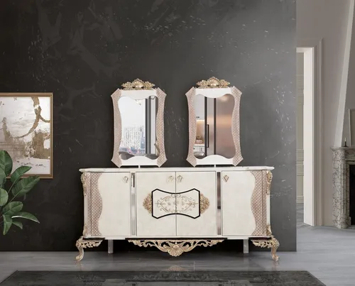 Barock Anrichte mit Spiegel - Elegante Holz Kommode für Esszimmer - Elegante Barock Anrichte mit Spiegel, ca. 220 x 55 x 100 cm. Ideal für Esszimmer und Wohnzimmer. Hergestellt aus hochwertigem Holz und Glas, sorgt sie für stilvolle Akzente in Ihrem Zuhause.