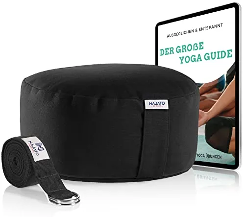 NAJATO Sports Meditationskissen – Mit Yogagurt & E-Book (PDF Datei) – Yogakissen mit Buchweizenschalen-Füllung – Rundes Yoga Kissen mit waschbarem Bezug aus Baumwolle