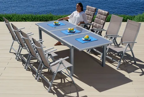 MERXX Garten-Essgruppe Amalfi, 9-tlg., ausziehbarer Tisch und 8 Hochlehner - Elegante 9-teilige Gartenmöbelgarnitur mit 8 klappbaren Hochlehnern und einem ausziehbaren Tisch (100x180-240 cm). Ideal für gesellige Abende im Freien, robust und pflegeleicht.