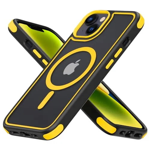 MobNano Hybrid Magnetisch Durchsichtig Hülle für iPhone 13/14 [Kompatibel mit MagSafe] Stoßfest Bumper Transparent Starke Magnet Handyhülle Silicone iPhone 13 14 Case-Schwarz/Gelb
