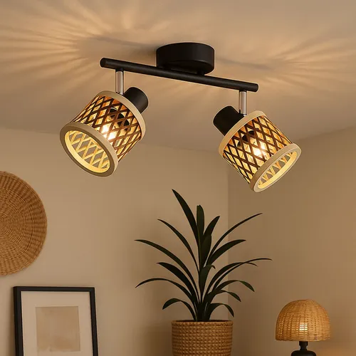 Deckenleuchte Wohnzimmerlampe schwarz matt Bambus - Moderne 2-flammige Deckenleuchte aus schwarzem Metall und natürlichem Bambus, flexibel durch dreh- und schwenkbare Köpfe für individuelle Lichtgestaltung. Ideal für kleine Wohnräume.