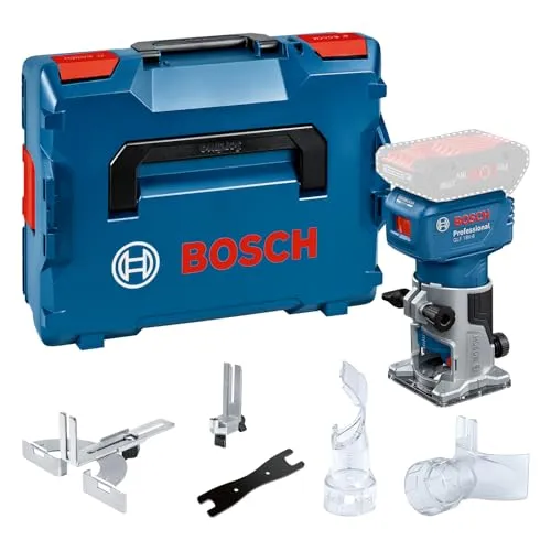 Bosch Kantenfräse GLF 18V-8 Professional - Akku-Kantenfräse mit bürstenlosem Motor, ideal für präzise Fräsarbeiten in Holz und Plastik. Inklusive Zubehör und Koffer für einfachen Transport.