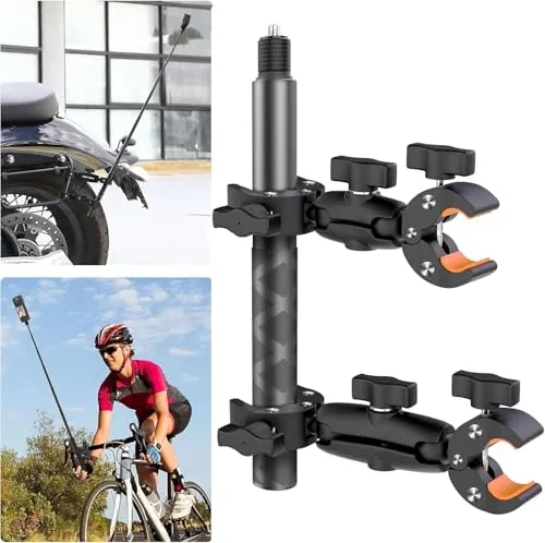 UNSTINCER Motorrad Fahrrad ATV Lenker Action Kamera Halterung mit 118cm Selfie Stick, verstellbare Camera Doppelklemme Double Clamp Third Person Mount für Insta360 X5 X4 X3 X2 ONE RS R Ace