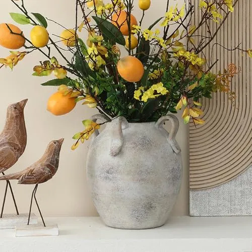 Hometopia Grauweiße Vintage Blumenvase Keramik 23,3 cm Hoch mit Henkeln – Tischdeko im Landhausstil