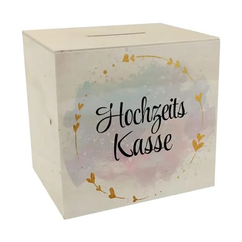 Hochzeit Spardose aus Holz mit dekorativem Design und goldenen Herzen - Hochzeitskasse als Geschenkidee zur Verlobung um das geschenkte Geld der Hochzeit zu sammeln und für die