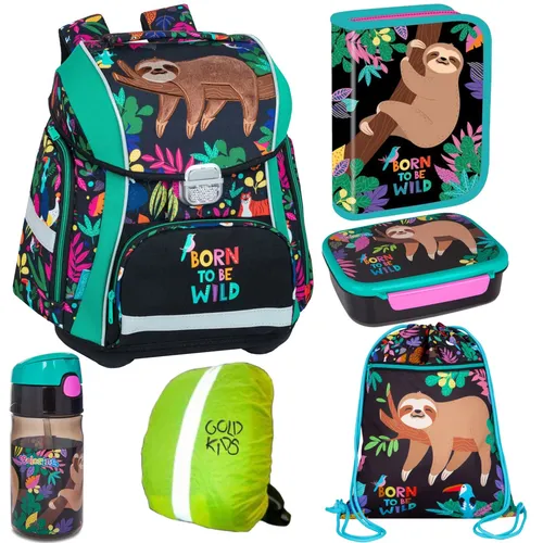 Set 6er Schulranzen Born to be wild mit Faultier-Design - Schulranzen Set für Mädchen, inkl. Regenschutz und praktischer Federmappe, ideal für einen stylischen Schulstart.