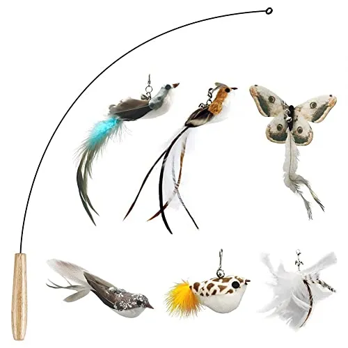 DONGKER Katzenspielzeug mit Federn, Interaktives Spielzeug Katze mit 6 Katzenangel Ersatzfedern und 1 Stangen für Kätzchen und Katzen