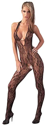 NO:XQSE Ouvert-Catsuit - sexy Neckholder-Body für Frauen, mit offenem Schritt, tiefem Dekolleté, floralen Spitzen-Details, schwarz